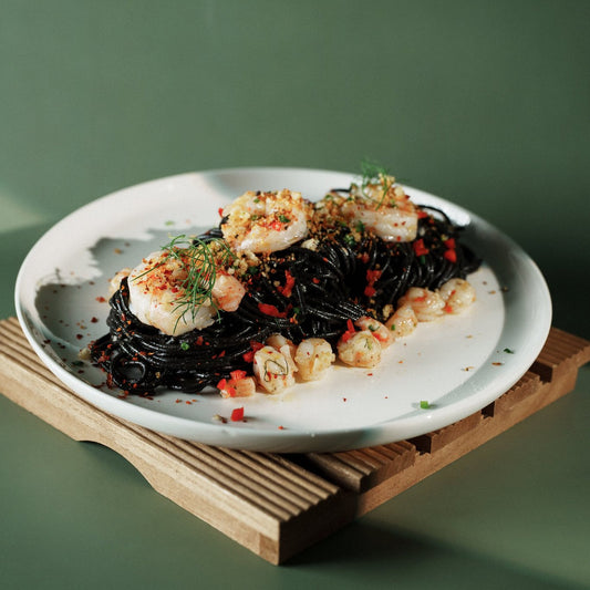 Squid Ink Pasta with Prawns