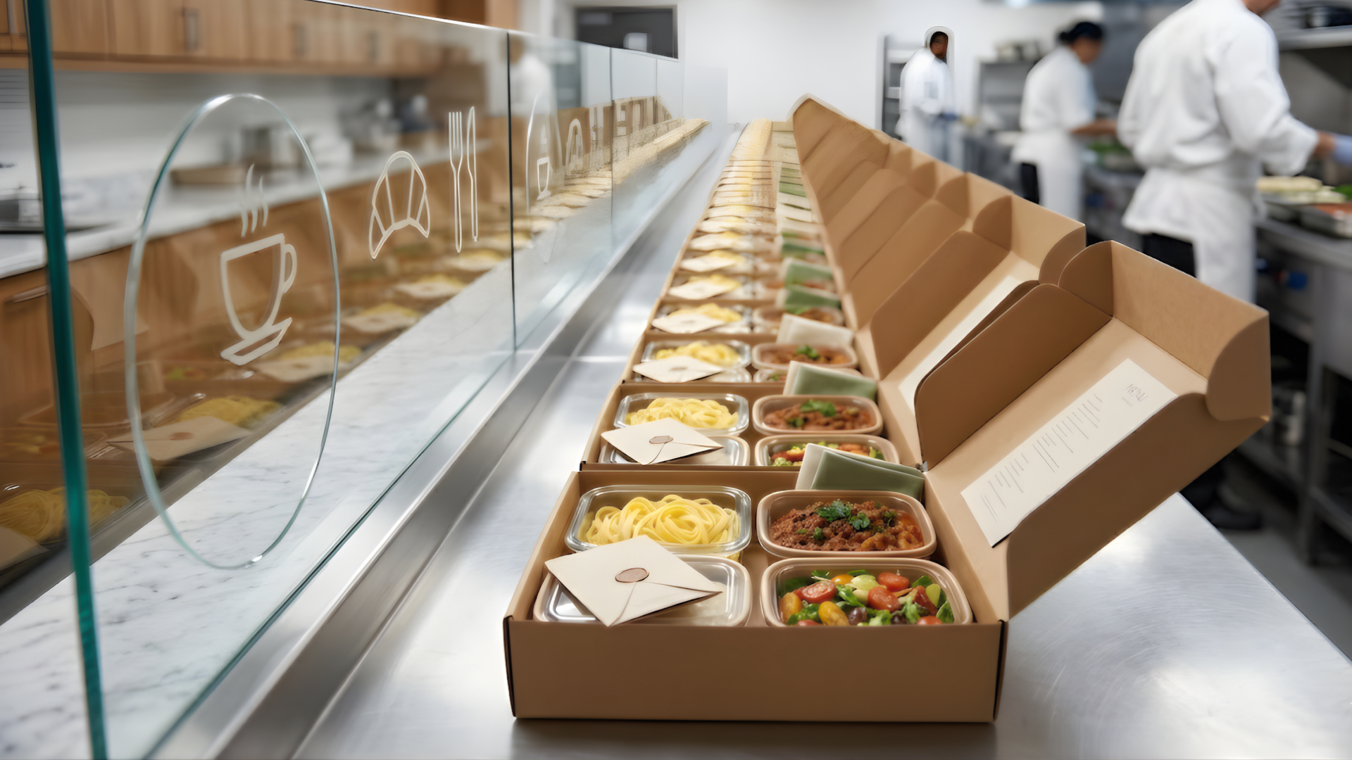 Prepared meals in cardboard boxes on a counter with chefs in the background
