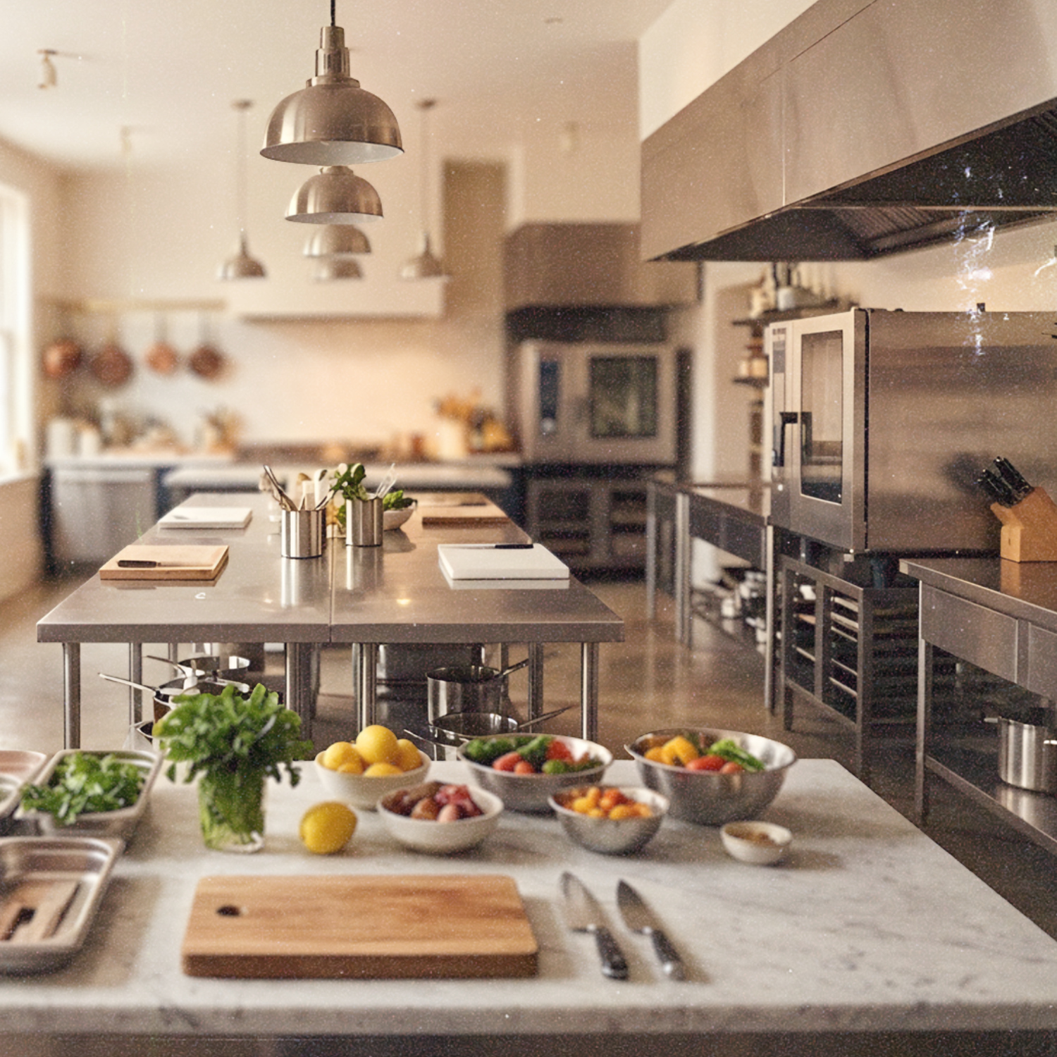 Modern kitchen with stainless steel appliances and a marble countertop.